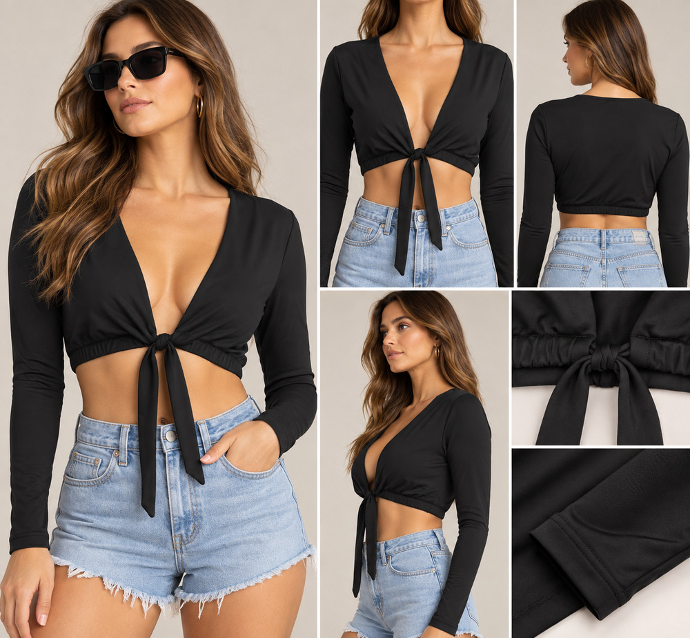Good American Tie Front Long Sleeve Top Black Size 3 NWT GSW0040